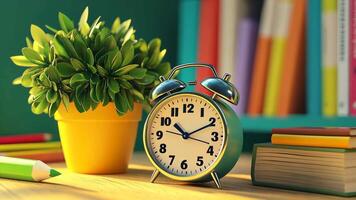 Close-up of an alarm clock with books on a desk and a green plant next to it. video