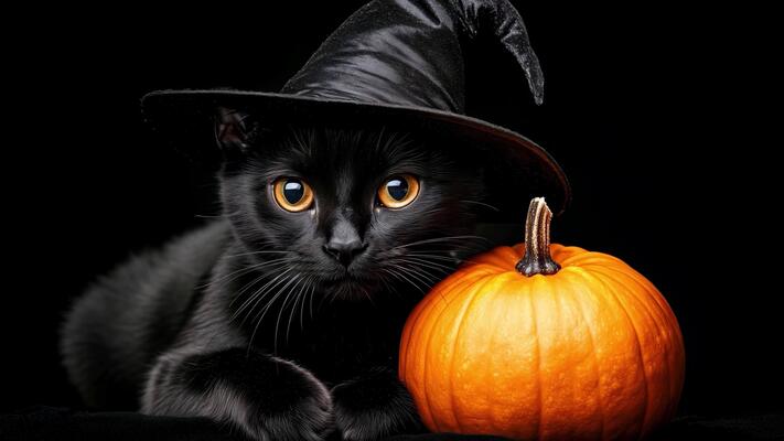 A black cat wearing a witch's hat with a pumpkin on a black