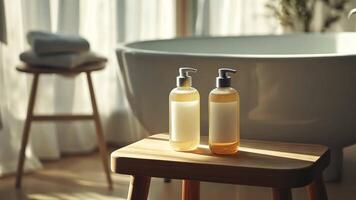 bouteilles de shampooing, mis sur Haut de une en bois tabouret dans de face de une salle de bains couler. video