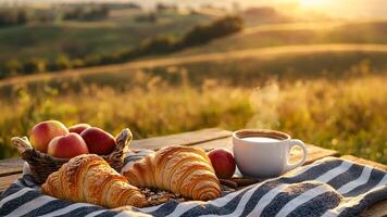 A picnic on the hillside with croissants, apples and coffee in beautiful natural scenery. video