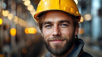 Portrait of a smiling worker in a hard hat looking at the camera against a blurred background. video