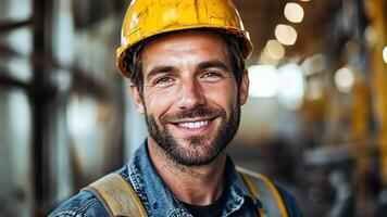 Portrait of a smiling worker in a hard hat looking at the camera against a blurred background. video
