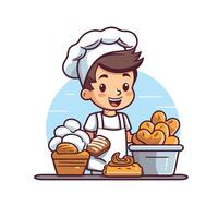 A cartoon baker with a pastry in front of him vector