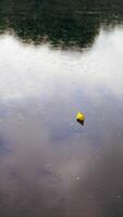 Three colorful paper ships on water under the rain. Handmade origami ships are floating on the water surface during the rain outdoors. Top view. Vertical video