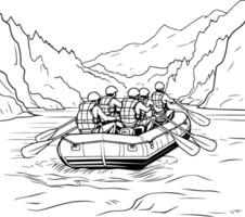 A coloring page with a raft on the river vector