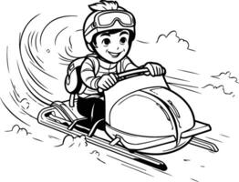 A boy riding a snowmobile coloring page vector