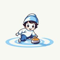 A cartoon boy curling on a frozen pond vector
