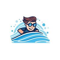 A cartoon man in goggles riding a wave vector