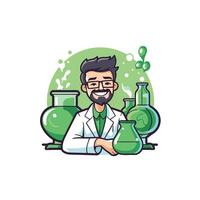 A man in a lab coat and glasses is holding a flask vector