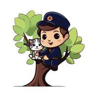 A cartoon policeman with a cat on a tree vector