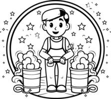 A man with a bucket of apples coloring page vector