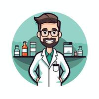 A cartoon man in a lab coat standing in front of a shelf of medicine bottles vector