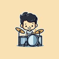 A cartoon drummer playing drums on a yellow background vector