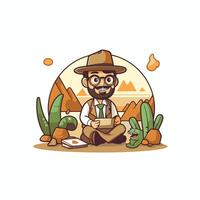 A man in a hat and glasses sitting in front of a cactus vector
