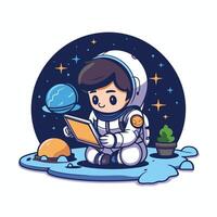 An astronaut sitting on the ground with a tablet vector