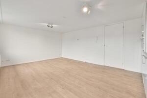 An empty room with wooden floors and white walls photo