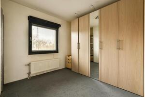 A bedroom with a large closet and a window photo