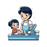 A woman and child are standing in front of a cash register vector