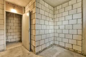 A room with a door and a wall made of brick photo