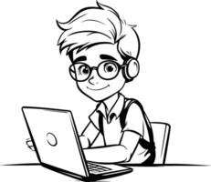 A boy with glasses and a laptop is sitting at a table vector