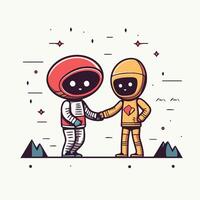 Two astronauts shaking hands in space vector