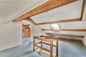 An attic with a ladder and a window photo