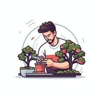 A man is working on a bonsai tree vector