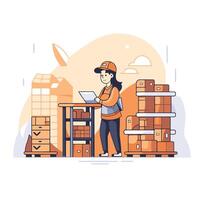 A woman is working on a laptop in a warehouse vector