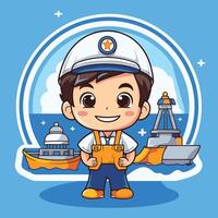 Cartoon sailor boy with a ship and a lighthouse vector
