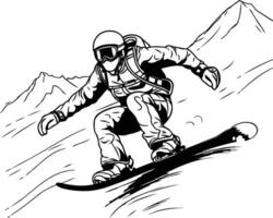 Snowboarder in the mountains coloring page vector