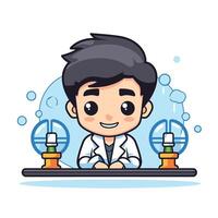 A cartoon scientist sitting at a table with two test tubes vector