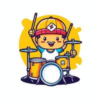 A cartoon drummer playing drums with a drum kit vector