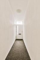 An empty hallway with a white door photo