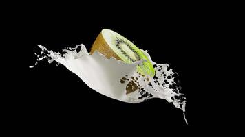 A looping rotation of kiwi in a splash of milk. Alpha Channel. video