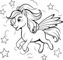 A coloring page with a pony flying through the stars vector