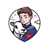 A man holding a cow in his arms vector