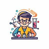 A man in glasses and a lab coat is holding a flask vector