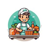 A man in a cap is holding a basket of groceries vector