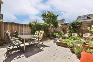 A patio with a table and chairs in the backyard photo