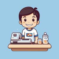 A cartoon character is standing at a desk with a computer vector