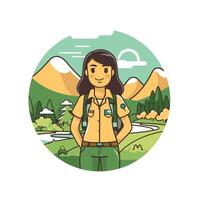 A girl scout in a round with mountains and trees vector