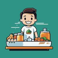 A man is standing in front of a table with food vector