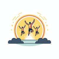 People jumping in the air with the sun behind them vector