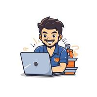 A man with a laptop and a smile is sitting at a desk vector