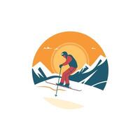 A person skiing down a mountain with the sun in the background vector