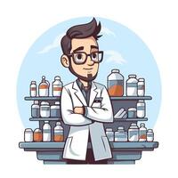 A cartoon man in a lab coat standing in front of a shelf full of bottles vector