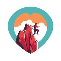 A man is climbing on top of a mountain with a heart shape vector