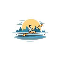 Man in a canoe on the water with mountains in the background vector