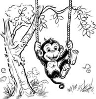 Monkey swinging on a swing in the jungle vector