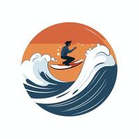 Surfer riding wave in circle with orange background vector